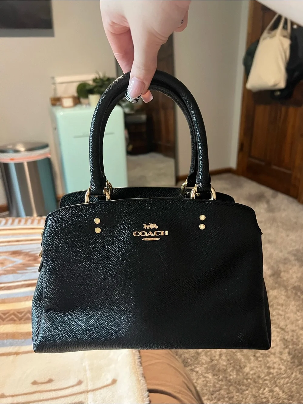 Coach Black Saffiano Leather Dome Satchel with Gold Hardware